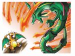  battle black_sclera border charizard claws colored_sclera commentary_request draco_meteor_(pokemon) fang fire flame-tipped_tail flying_sweatdrops highres ihara_shigekatsu meteor no_humans pokemon pokemon_(creature) rayquaza tail white_border wings yellow_eyes 