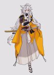 1boy animal_ears armor black_bow black_gloves black_shrug bow closed_mouth commentary_request fan_request flower_knot fox_boy fox_ears fox_shadow_puppet full_body gloves grey_background grey_hakama hadanugi_dousa hair_bow hakama hakama_skirt hand_up highres japanese_armor japanese_clothes katana kimono kogitsunemaru limo_nine long_hair looking_at_viewer low-tied_long_hair male_focus odaibako partially_fingerless_gloves red_eyes sandals sheath sheathed shoulder_armor shrug_(clothing) signature simple_background skirt smile sode solo standing sword tabi tassel touken_ranbu very_long_hair weapon white_hair yellow_kimono yugake 