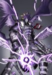  1boy absurdres arm_cannon beelzebumon beelzebumon_blast_mode belt black_jacket black_pants black_wings blonde_hair boots chiyu_(user_hrwu2257) closed_eyes colored_skin commentary_request covered_abs digimon digimon_(creature) digimon_tamers electricity energy energy_ball extra_eyes feathered_wings fur-trimmed_jacket fur_trim green_eyes grey_background grey_skin highres jacket looking_at_viewer male_focus mask multiple_belts multiple_wings muscular open_clothes open_jacket pants partial_commentary red_scarf scarf short_hair simple_background sketch solo spiked_hair tail weapon wings 