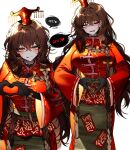  1girl :p absurdres bow brown_hair cherry_oux closed_mouth coat commentary_request genderswap genderswap_(mtf) hair_bow heart-shaped_boob_challenge heart_hands_over_stomach highres korean_text limbus_company long_hair looking_at_viewer multiple_views ofuda project_moon red_coat rope simple_background smile speech_bubble tongue tongue_out very_long_hair white_background xue_pan_(project_moon) yellow_bow 