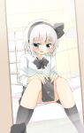  1girl black_bow black_bowtie black_hairband black_socks blush bow bowtie cellphone collared_shirt commentary_request green_skirt grey_hair hairband hitodama holding holding_phone konpaku_youmu konpaku_youmu_(ghost) long_sleeves looking_at_mirror looking_at_viewer medium_hair mirror open_mouth panties pantyshot phone shirt shishiky sitting skirt smartphone smile socks solo sweatdrop touhou underwear white_shirt 