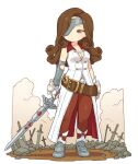  1girl beatrix_(ff9) belt breasts brown_belt brown_eyes brown_hair cleavage closed_mouth commentary eyepatch final_fantasy final_fantasy_ix full_body gloves holding holding_sword holding_weapon long_hair medium_breasts onyhakase solo standing sword weapon 
