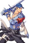  1boy bara baseball_cap black_hair black_jacket black_pants blood blue_gloves blue_hat blue_shirt clothes_around_waist collarbone collared_shirt commentary_request facial_hair gekkoukan_high_school_uniform gloves goatee_stubble hat holding holding_sword holding_weapon holster iori_junpei jacket jacket_around_waist jewelry long_sleeves looking_ahead male_focus muscular muscular_male necklace oldkin open_mouth pants partially_unbuttoned pectoral_cleavage pectorals persona persona_3 persona_3_reload school_uniform scratches shirt short_hair shoulder_holster simple_background solo stubble sword thigh_holster torn_clothes torn_pants torn_shirt weapon white_background 