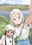  2girls :d absurdres age_difference amano_saku arm_up baseball_cap black_eyes black_hair bob_cut brown_eyes brown_hair child closed_mouth day denim denim_shorts grass hair_between_eyes hasegawa_minato hat highres hime_cut hotei_ran japan long_hair looking_at_viewer mountain multiple_girls open_mouth outdoors pov river rural sabotage_summer selfie shirt short_hair short_sleeves shorts sidelocks sketch smile summer t-shirt upper_body water white_shirt 