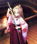  1girl bangs_pinned_back brick_road bridge brown_hair closed_mouth drawing_sword floral_print floral_print_kimono forehead fukuda_sawano game_cg glint hakama holding holding_sheath holding_sword holding_weapon japanese_clothes kimono long_hair long_sleeves looking_at_viewer low-tied_long_hair night official_art outdoors pink_kimono print_kimono purple_eyes railing red_hakama reflection reflective_liquid river sheath sideways_glance smile solo sparkle sword taishou third-party_source toji_no_miko toji_no_miko:_kizamishi_issen_no_tomoshibi unsheathing weapon wide_sleeves 