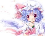  ascot bat_wings blue_hair brooch face finger_to_mouth hat irori jewelry looking_at_viewer red_eyes remilia_scarlet short_hair solo touhou upper_body wings wrist_cuffs 