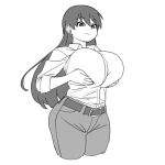 1girl arato_nagi belt breasts closed_mouth collared_shirt cropped_legs curvy dress_shirt earrings grabbing_own_breast greyscale huge_breasts jewelry long_hair monochrome onsen_tamago_(hs_egg) pants ruri_no_houseki shirt shirt_tucked_in simple_background smile solo stud_earrings white_background wide_hips 