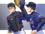  2boys ace_of_diamond baseball_cap baseball_helmet baseball_mitt baseball_uniform belt black_belt border brown_hair chest_protector commentary_request compression_shirt eye_contact goggles grin hat helmet highres kusatakesi letterboxed looking_at_another male_focus miyuki_kazuya multiple_boys outside_border pants sawamura_eijun short_hair sideburns smile sportswear twitter_username white_border white_pants 