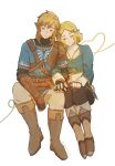  1boy 1girl belt black_pants blonde_hair blue_shirt blue_tunic boots braid brown_belt brown_boots brown_gloves brown_pants champion's_tunic_(zelda) closed_eyes closed_mouth commentary_request crown_braid fingerless_gloves fold-over_boots full_body gloves gold_trim hetero highres holding_hands interlocked_fingers invisible_chair layered_sleeves leaning_on_person link long_sleeves nikohakaeritai pants parted_bangs pointy_ears princess_zelda shirt short_hair short_over_long_sleeves short_sleeves sidelocks sitting the_legend_of_zelda the_legend_of_zelda:_breath_of_the_wild the_legend_of_zelda:_tears_of_the_kingdom tunic white_background 