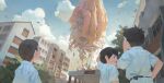  3boys absurdres belt bird black_hair building child chinese_commentary cloud commentary_request debris disembodied_hand flock giant_hand hand_on_own_head highres looking_up mayozom multiple_boys original outdoors shirt shirt_tucked_in short_hair short_sleeves sweatdrop white_shirt 