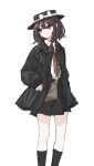  1girl asymmetrical_hair bag black_coat black_hat black_skirt black_socks bow brown_bag brown_eyes brown_hair closed_mouth coat collared_shirt hair_between_eyes hair_bow handbag hat hat_bow highres kashiwada_kiiho long_sleeves necktie red_necktie shirt shirt_tucked_in short_hair skirt sleeves_past_wrists socks solo standing touhou usami_renko white_bow white_shirt 