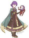  1girl ankle_boots boots brown_boots brown_dress brown_gloves cape cloak commentary_request dress elbow_gloves fire_emblem fire_emblem:_the_sacred_stones fire_emblem_heroes gloves green_cape green_cloak high_heel_boots high_heels highres holding hood hood_down hooded_cloak lute_(fire_emblem) lute_(limitless_curiosity)_(fire_emblem) medium_hair mogall monster official_alternate_costume purple_eyes purple_hair red_eyes simple_background tea6043 tentacles white_background 