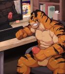 abs absurd_res angry angry_masturbation anthro balls barazoku biceps big_balls big_muscles big_pecs big_penis bodily_fluids bookshelf chair clenched_teeth computer computer_keyboard computer_monitor computer_screen desk desktop electronics erection fangs fangs_bared felid feline fierce fierce_expression fist fondling_penis frown fur furniture genitals glare glaring glistening glistening_body glistening_fur grabbing_own_penis grope hand_on_penis hi_res holding_erection holding_own_penis holding_penis looking_at_computer looking_at_object looking_at_porn male mammal manly markings masturbation muscular muscular_anthro muscular_arms muscular_male muscular_thighs nipples nude nude_anthro nude_male office_chair on_chair orange_body orange_fur orangetaming pantherine pecs penile penile_masturbation penis penis_grab penis_squeeze pornography red_penis rubbing_penis scowl self_grope sitting sitting_on_chair solo spread_legs spreading stern stern_look striped_body striped_fur striped_markings stripes stroking_penis sweat sweatdrop sweaty_body sweaty_face table teeth thick_arms thick_thighs tiger