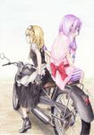  :p back blonde_hair blush braid colored_pencil_(medium) dress fingerless_gloves gloves goggles ground_vehicle hair_ribbon highres kirisame_marisa long_hair motor_vehicle motorcycle multiple_girls multiple_riders no_hat no_headwear open_mouth patchouli_knowledge ribbon rpracing smile tongue tongue_out touhou traditional_media yellow_eyes 