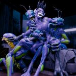 alien alien_humanoid animal_humanoid antennae_(anatomy) arthropod arthropod_humanoid bed bedroom_sex black_hair blender_(artwork) blue_eyes bodily_fluids demon digital_media_(artwork) ex-oh_(xenomaker) furniture hair hi_res hotel humanoid imp insect insect_humanoid licking male night purple_body razar_(ilovdota2) sweat sweatdrop tongue xenomaker_(artist)