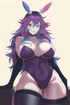  1girl absurdres animal_ears blue_eyes blue_hair breasts choker cleavage cottontail_(vtuber) elbow_gloves gloves gradient_hair hair_between_eyes heterochromia highres huge_breasts indie_virtual_youtuber large_breasts leotard looking_at_viewer multicolored_hair playboy_bunny purple_eyes purple_hair purple_leotard pussy rabbit_ears rabbit_girl see-through_clothes thick_thighs thighhighs thighs toomy_woomy virtual_youtuber wide_hips 