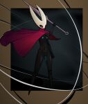 2026 2_horns abstrude absurd_res areola arthropod biped black_body black_breasts black_eyes blue_areola blue_nipples breasts clothing empty_eyes female fingers genitals hi_res holding_melee_weapon holding_object holding_weapon hollow_knight_(franchise) horn hornet_(hollow_knight) humanoid melee_weapon nipples red_clothing solo standing team_cherry vulva weapon