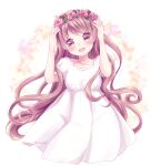  1girl arms_up artist_name blush breasts collarbone commentary dress english_commentary floral_background flower happy head_wreath highres jewelry leaf looking_at_viewer making-of_available necklace open_mouth original pink_eyes pink_flower pink_hair pink_rose pluvias puffy_short_sleeves puffy_sleeves red_flower red_rose redrawn rose selena_(pluvias) short_sleeves small_breasts solo white_dress 