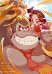  1boy 1girl :d bare_arms bare_shoulders blue_eyes brown_hair child donkey_kong donkey_kong_(series) donkey_kong_bananza forehead grin hair_ornament hair_scrunchie hashtag-only_commentary highres kong_bananza looking_at_another monyorun necktie red_eyes red_necktie scrunchie shirt short_hair sleeveless sleeveless_shirt smile teeth topknot translation_request twitter_username upper_teeth_only v-shaped_eyebrows wrist_scrunchie 