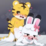  0227_(art_0227) 1boy 1girl animal_ears black_eyes blush body_fur bow breath collarbone colored_sclera commentary_request completely_nude drooling furry furry_female furry_male furry_with_furry heart hetero highres interspecies kodomo_doushi midorihara_mimirin nipples nose_blush nude one_eye_closed open_mouth pink_bow rabbit_ears rabbit_girl rabbit_tail saliva sex sex_from_behind shima_shima_tora_no_shimajirou shimano_shimajirou tail tiger_ears tiger_tail trembling white_fur yellow_fur 