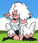 2026 anthro anthro_on_anthro black_collar blue_sky blush bovid breasts butt caprine cleavage clothed clothing cloud collar day domestic_sheep droopy_(series) duo ear_piercing ear_ring eyelashes eyes_closed female female/female female_anthro fur grass hair hi_res intraspecies kiss_on_lips kissing kneeling leggy_lamb mammal medium_breasts metro-goldwyn-mayer outside piercing pink_body pink_ears pink_skin plant ring_piercing sheep sheep_wrecked shinkaku short_hair sky square_crossover tail white_body white_fur white_hair white_tail wool_(fur)