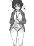  1girl ass_visible_through_thighs blazer blue_archive breasts cleavage clothes_lift collarbone commentary_request crotch_seam diagonal-striped_clothes diagonal-striped_necktie dress_shirt feet_out_of_frame flying_sweatdrops fuyu_(blue_archive) greyscale halo head_tilt highres jacket large_breasts lifting_own_clothes looking_at_viewer loose_necktie mole mole_under_eye monochrome necktie nervous_smile nervous_sweating nishino_hikoji panties school_uniform shaded_face shirt simple_background skirt skirt_lift smile solo spoken_expression striped_clothes sweat underwear white_background wolf_cut 