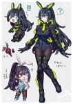  ! !! 1other 2boys ? absurdres animal_ears black_boots black_gauntlets black_gloves black_leotard blue_leotard bodystocking boots commentary_request dante_(limbus_company) dual_persona gloves highres hong_lu_(project_moon) k_corp._(identity)_(project_moon) leotard limbus_company multiple_boys multiple_views open_mouth project_moon rabbit_ears rabbit_tail shiki_(shikki46) simple_background smile sparkle speech_bubble tail tingtang_gang_(identity)_(project_moon) white_background 
