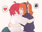  ... 2girls a.i._voice adachi_rei black_shirt blush closed_eyes commentary drill_hair hair_ribbon hand_on_another's_back hashtag-only_commentary headphones heart highres hug kasane_teto komori_kamome multiple_girls open_mouth orange_eyes orange_hair red_hair ribbon shirt simple_background spoken_ellipsis spoken_heart twin_drills utau white_background white_ribbon white_shirt yuri 