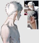  1boy absurdres avandee11949 blood closed_mouth collarbone commentary english_commentary from_side highres hikaru_ga_shinda_natsu indou_hikaru male_focus multiple_scars nipples nude piercing_(action) reference_inset scar scar_on_arm scar_on_neck short_hair simple_background skinny solo upper_body white_background white_hair 