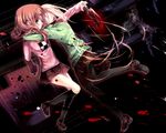  bad_id bad_pixiv_id black_legwear blood blood_on_face blood_splatter bloody_clothes braid brown_eyes brown_hair cutting_hair emia_(castilla) green_shirt hug knife madotsuki multiple_girls pantyhose pink_shirt poniko ponytail severed_hair shirt silver_hair skirt socks twin_braids yume_nikki 