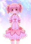  bad_id bad_pixiv_id bow bubble_skirt choker hair_ribbon hands_clasped kaname_madoka kuroe_(sugarberry) magical_girl mahou_shoujo_madoka_magica own_hands_together pink pink_bow pink_eyes pink_hair puffy_sleeves purple_background ribbon short_hair short_twintails skirt solo sparkle twintails white_skirt 