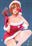  1girl artist_name bare_shoulders belt breasts brown_belt brown_eyes brown_hair christmas cleavage collarbone commission dress english_commentary eyepatch feet_out_of_frame fur-trimmed_dress fur-trimmed_gloves fur-trimmed_headwear fur_trim gloves hammer hat highres holding holding_hammer jujutsu_kaisen kugisaki_nobara lace-trimmed_thighhighs lace_trim large_breasts lips looking_at_viewer mouth_hold nail_(hardware) panties pantyshot parted_lips pink_dress pink_gloves pink_hat pink_lips pink_panties pom_pom_(clothes) rollo_(kuyuen1) santa_costume santa_hat short_hair snowing solo strapless strapless_dress swept_bangs teeth_hold thighhighs thighs underwear 