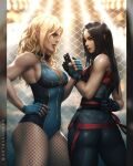  2girls ass black_canary black_hair black_leggings black_leotard black_nails blonde_hair blue_eyes blue_gloves blue_leotard blurry blurry_background breasts comic_cover commentary cowboy_shot dc_comics english_commentary eye_contact fence fingerless_gloves fishnet_pantyhose fishnets gloves grey_eyes hand_on_own_hip highres kunkka lady_shiva large_breasts leggings leotard long_hair looking_at_another multicolored_leotard multiple_girls official_art pantyhose pillarboxed profile superhero_costume textless_version two-tone_leotard 