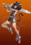 1girl 2025 animal_ears artist_name asymmetrical_legwear ball_and_chain_restraint bandaged_arm bandaged_hand bandaged_leg bandages black_hair black_tail blood blood_in_hair blood_on_arm blood_on_back blood_on_bandages blood_on_cheek blood_on_clothes blood_on_ears blood_on_feet blood_on_leg blood_on_shoulder blue_eyes breasts cat_ears cat_girl cat_tail chain clothing_request collar commentary_request cuffs dirty dirty_clothes dirty_face dirty_feet dynamic_pose fangs fingerless_gloves fran_(tensei_shitara_ken_deshita) full_body gem glint gloves gradient_background grey_ribbon hair_between_eyes hands_up highres holding holding_sword holding_weapon looking_at_viewer medium_hair open_mouth orange_background orange_outline outline over_shoulder po-ju rags red_gem ribs shackles shishou_(tensei_shitara_ken_deshita) sideboob sideless_outfit sidelocks signature slave slit_pupils small_breasts solo standing standing_on_one_leg stirrup_legwear sword sword_over_shoulder tail teeth tensei_shitara_ken_deshita thighs toeless_legwear toenails toes two-handed_sword upper_teeth_only variant_set waist_ribbon weapon weapon_over_shoulder 