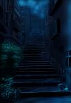  absurdres alley building bush commentary_request highres night no_humans original outdoors pizza_(pddc8233) power_lines scenery stairs star_(sky) urban utility_pole 