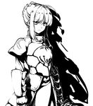  ahoge armor armored_dress artoria_pendragon_(all) dress fate/stay_night fate_(series) faulds gauntlets greyscale hyouju_issei juliet_sleeves long_sleeves monochrome puffy_sleeves saber shadow solo 