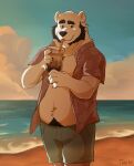 absurd_res anthro beach bear beard beverage blue_eyes bubble_tea clothed clothing cloud eyebrows facial_hair hi_res holding_object male mammal navel open_clothing open_shirt open_topwear polar_bear raised_eyebrow sand shirt slightly_chubby solo sunset swimming_trunks swimwear topwear tracho ursine water