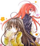  black_hair bread brown_eyes coat dual_persona food long_hair melon_bread multiple_girls red_eyes red_hair school_uniform serafuku shakugan_no_shana shana tachitsu_teto traditional_media 