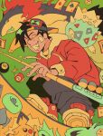  1boy backwards_hat ball baseball_cap billiard_ball black_hair card dice ethan_(pokemon) goggles green_background hat highres pichu playing_card pokemon pokemon_(creature) pokemon_adventures rathonk togepi typhlosion 
