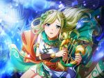  1girl aqua_eyes blonde_hair broken cosplay earrings furrowed_brow game_cg greek_mythology green_scarf headpiece holding holding_instrument holding_lyre instrument jewelry looking_at_viewer lyre official_art orpheus_(mythology) orpheus_(mythology)_(cosplay) parted_lips scarf shoujo_kageki_revue_starlight shoujo_kageki_revue_starlight_-re_live- solo tunic upper_body yumeoji_fumi 