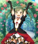  1girl :o alice's_adventures_in_wonderland arch arms_up black_dress black_gloves black_skirt black_thighhighs blush breasts checkered_clothes checkered_skirt cleavage clenched_hands collarbone cosplay crown day dot_nose dress elbow_gloves floral_arch flower game_cg gazebo gem gloves gold_crown green_eyes green_hair heart_pendant layered_skirt looking_at_viewer medium_breasts medium_hair multicolored_dress nagae_futaba official_art open_mouth outdoors pendant_choker pink_flower pink_rose queen_of_hearts_(alice_in_wonderland) queen_of_hearts_(alice_in_wonderland)_(cosplay) red_gem red_skirt rose skirt solo thighhighs third-party_source tilted_headwear toji_no_miko toji_no_miko:_kizamishi_issen_no_tomoshibi twintails two-tone_skirt v-shaped_eyebrows white_dress white_skirt 