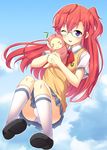  :3 ano_natsu_de_matteru blush_stickers cloud day glasses hug kneehighs long_hair looking_at_viewer nectar_(fujiya) one_eye_closed open_mouth panties pantyshot pleated_skirt purple_eyes red_hair rinon_(ano_natsu_de_matteru) school_uniform shoes skirt sky solo takatsuki_ichika underwear white_legwear white_panties 