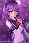  ascot bat_(animal) black_ribbon curtained_hair dress eiyuu_densetsu falcom gothic_lolita hair_ribbon highres light_smile lolita_fashion long_hair looking_at_viewer mitchellsbear moon necktie parted_bangs plaid_clothes plaid_necktie purple_hair purple_sky red_ascot renne_(eiyuu_densetsu) ribbon sky sora_no_kiseki white_dress yellow_eyes 