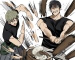  2boys absurdres black_hair black_shirt clenched_teeth closed_mouth commentary_request compression_shirt food fushiguro_touji green_hair highres holding holding_mallet jujutsu_kaisen kine male_focus mallet mochi mochitsuki mortar_(bowl) motion_lines multiple_boys muscular muscular_male open_mouth san_shou shirt short_hair simple_background sleeves_rolled_up sweat teeth white_background zen'in_naoya 