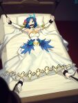  1girl 1other absurdres armpits bare_shoulders bdsm bit_gag blue_eyes blue_flower blue_hair bondage bound bound_ankles bound_arms bound_legs bound_wrists breasts bride cad_(caddo) catria_(bridal)_(fire_emblem) catria_(fire_emblem) cleavage commission cuffed detached_collar detached_sleeves dress empty_eyes english_commentary feather_hair_ornament feathers fire_emblem fire_emblem:_mystery_of_the_emblem fire_emblem_heroes flower gag gagged gold_headband hair_flower hair_ornament high_heels highres looking_at_viewer medium_breasts official_alternate_costume outstretched_arms outstretched_legs pink_flower pixiv_commission restrained scared shoes short_hair solo_focus spread_arms spread_eagle_position stationary_restraints strapless strapless_dress strappy_heels surprised tied_to_bed wedding_dress white_dress white_shoes wide-eyed 