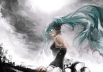  aqua_hair bad_id bad_pixiv_id blank_eyes detached_sleeves double_tens glowing glowing_eyes hatsune_miku headphones long_hair looking_back open_mouth sky solo twintails very_long_hair vocaloid 