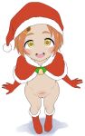  1girl christmas flat_chest gloves hat highres idolmaster idolmaster_cinderella_girls looking_at_viewer looking_up navel nipples pussy red_gloves ryuzaki_kaoru santa_cape santa_costume santa_hat solo takku 
