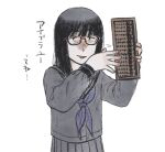 1girl abacus black-framed_eyewear black_hair black_sailor_collar blue_neckerchief blunt_bangs glasses gozaimas_(masmas_nemui) grey_serafuku highres holding_abacus jimiko long_hair looking_at_viewer neckerchief open_mouth original pleated_skirt sailor_collar school_uniform semi-rimless_eyewear serafuku simple_background skirt smile solo tony_tani under-rim_eyewear white_background 