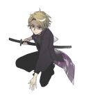  1boy absurdres black_haori black_pants black_shirt blonde_hair buttons chinese_commentary closed_mouth collared_shirt commentary_request full_body hanaseto haori highres holding holding_sword holding_weapon horobi_(kamen_rider_01) japanese_clothes kamen_rider kamen_rider_01_(series) katana long_sleeves male_focus on_one_knee pants red_eyes sanpaku shaded_face shirt simple_background solo sword variant_set weapon white_background 