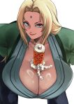  1girl absurdres bent_over blonde_hair breasts brown_eyes cleavage commentary_request facial_mark forehead_mark highres huge_breasts implied_paizuri japanese_clothes kyuugata long_hair looking_at_viewer naruto_(series) scroll smile solo tsunade_(naruto) white_background 